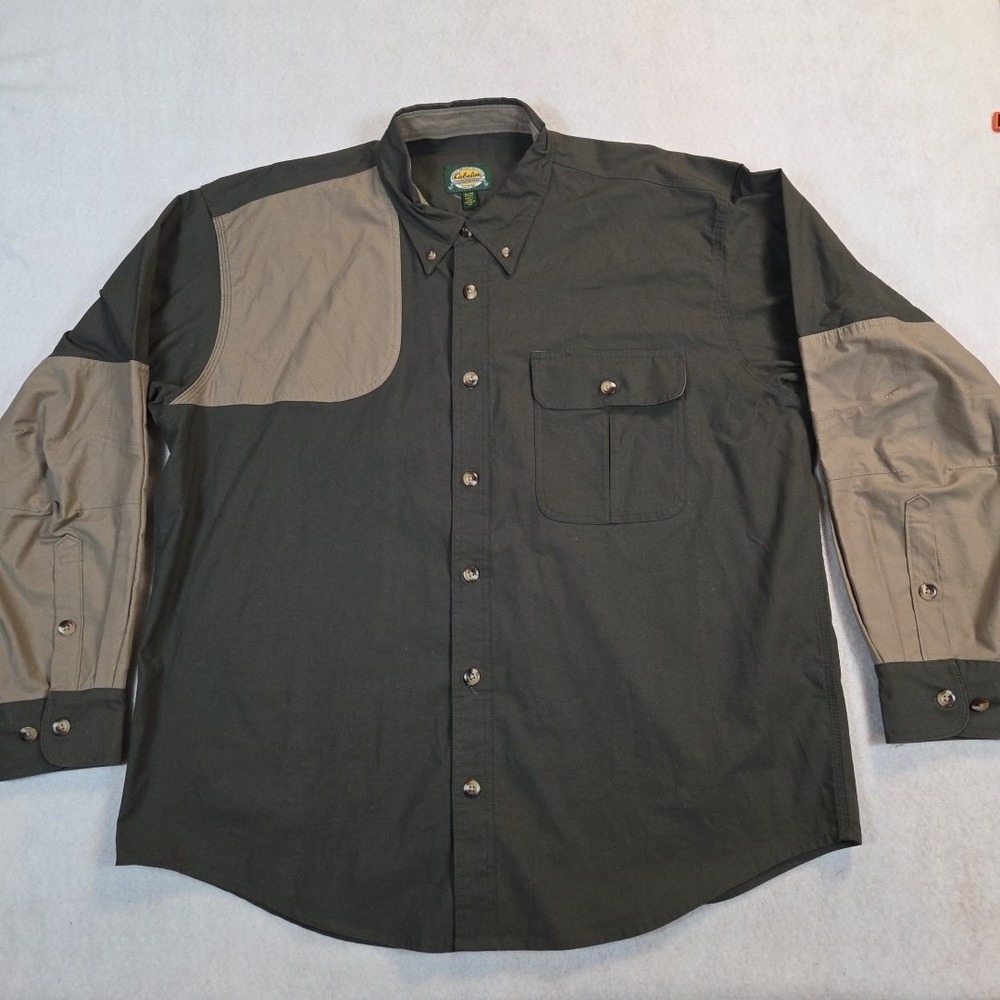 Cabelas Shooting Shirt Mens XL Button Up Green Tan Hunting Shoulder Pad pocket
